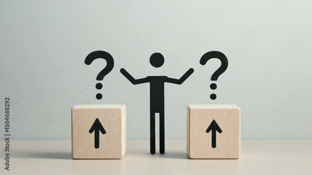 Poster businessman figurine is standing between two wooden blocks with upward arrows and question marks abo