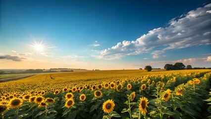 A blooming sunflower field under a clear blue sky, high-resolution photo style