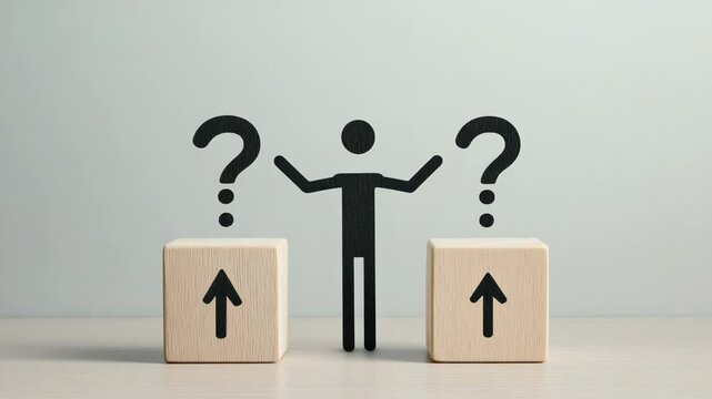 Businessman figurine is standing between two wooden blocks with upward arrows and question marks above, symbolizing a difficult career choice