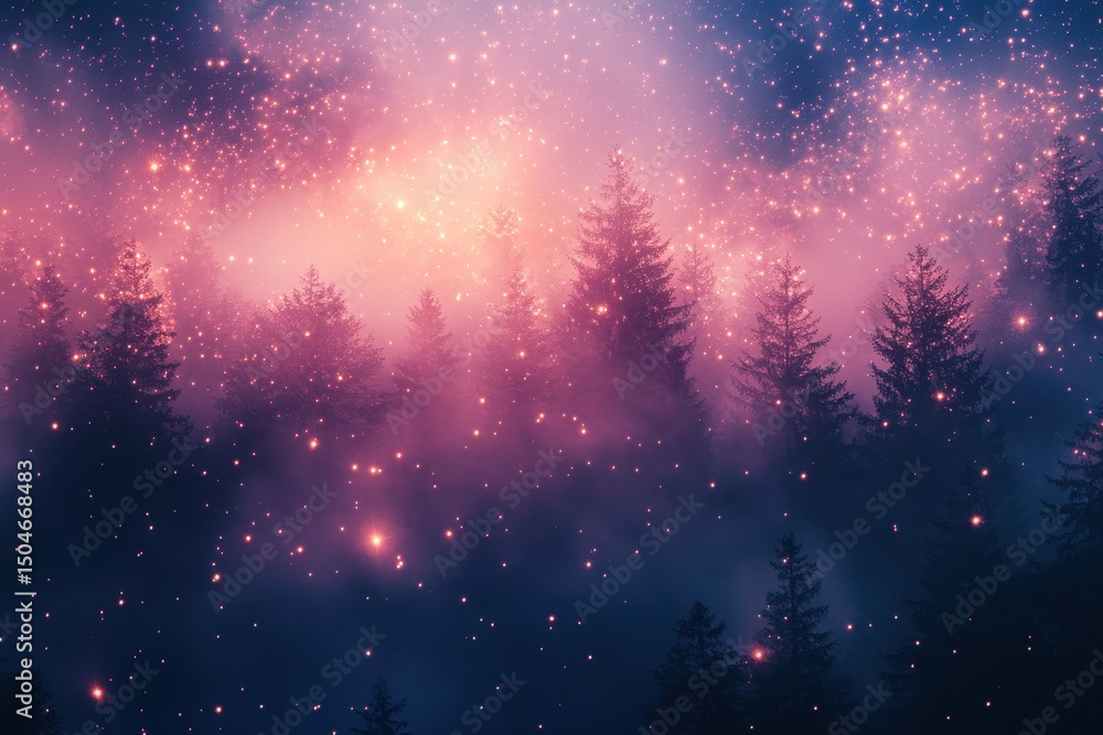 Aufkleber Magical forest illuminated by glowing particles at dusk, creating an enchanting atmosphere without a hint of humanity