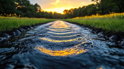 Tranquil stream at sunset with reflection of golden light and lush greenery