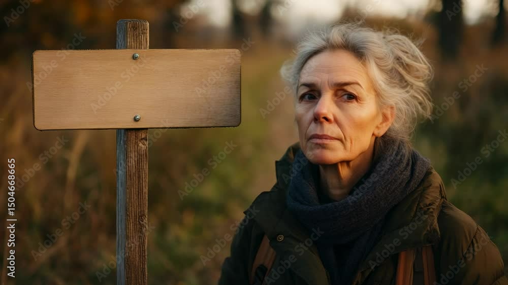 Aufkleber mature hiker with gray hair standing at wooden signpost in open field, experiencing moment of uncert