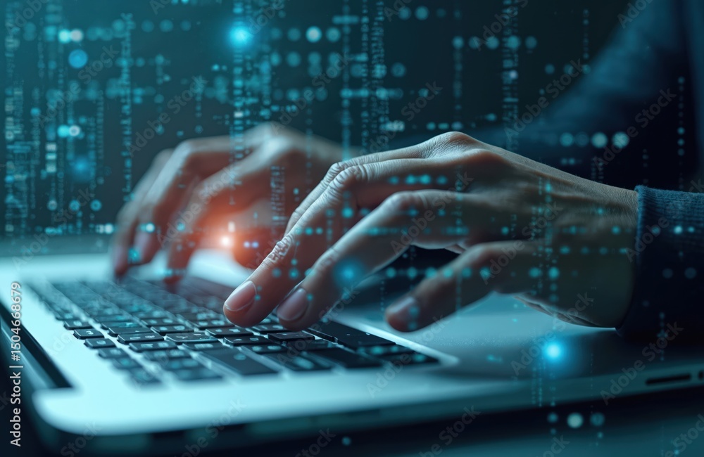 Poster hands typing on laptop keyboard with digital data overlay. hacker breaks into system to steal data. 