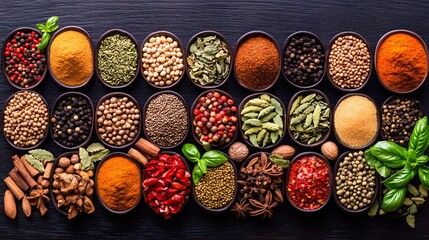 Variety of Spices and Herbs in Bowls Culinary Background