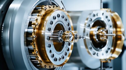 Detailed close up of precision mechanical components with gold accents