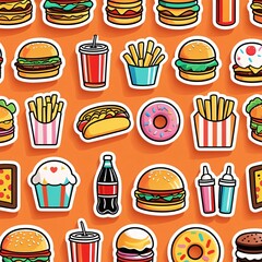Fastfood stickers. Cartoon junk food snack labels, unhealthy meal with french fries pizza burger sandwich hot dog ice cream food, restaurant menu elements. Vector isolated set