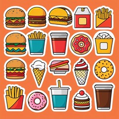 Fastfood stickers. Cartoon junk food snack labels, unhealthy meal with french fries pizza burger sandwich hot dog ice cream food, restaurant menu elements. Vector isolated set