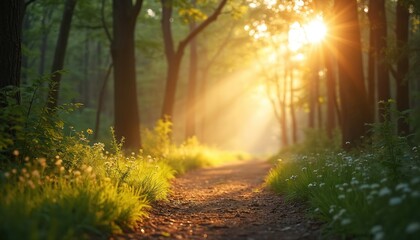 Fototapeta premium Sunlight streams through forest trees path. Nature photo, ground level view. Greenery, tranquil scenery, outdoors, warm light. Tranquility concept evokes fresh air, escape, exploration.