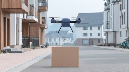 Delivery drone hovering above package in a residential neighborhood showcasing modern logistics and technology advancements
