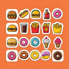 Fastfood stickers. Cartoon junk food snack labels, unhealthy meal with french fries pizza burger sandwich hot dog ice cream food, restaurant menu elements. Vector isolated set
