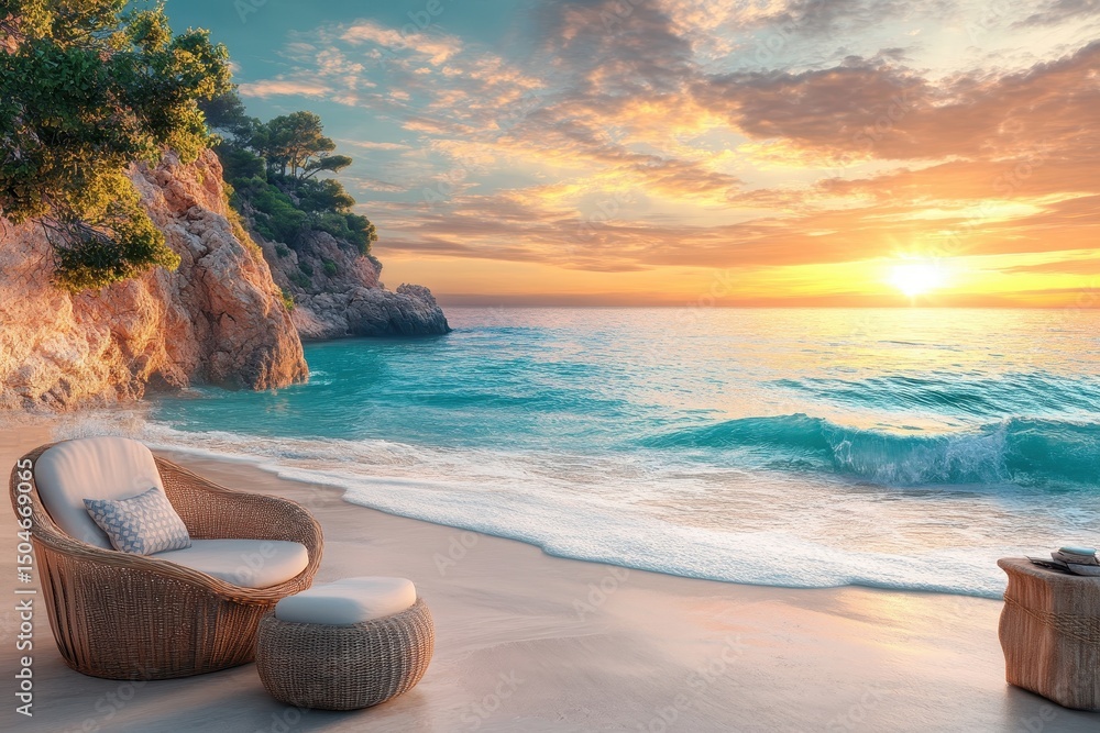 Aufkleber sunset view from a beachside chair on a tranquil shore with gentle waves, surrounded by lush greener