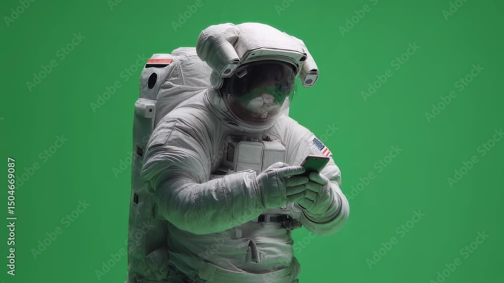 Aufkleber astronaut wearing a spacesuit with an american flag patch uses a smartphone against a green screen b