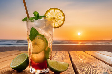 Glass of refreshing cocktail drink on wooden table over sea, sandy beach and sunset background. Cocktail enriched with lemon slices, fresh mint leaves and ice. Refreshing summer drink vacation concept