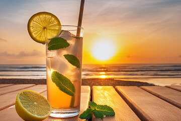 Glass of refreshing cocktail drink on wooden table over sea, sandy beach and sunset background. Cocktail enriched with lemon slices, fresh mint leaves and ice. Refreshing summer drink vacation concept