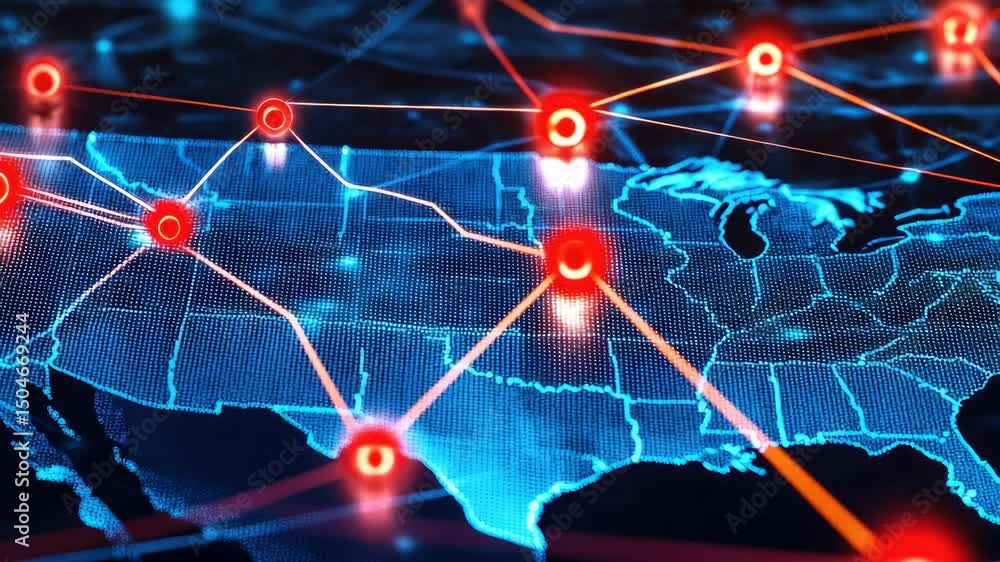 Poster computer network representing interconnected states with red and blue lights