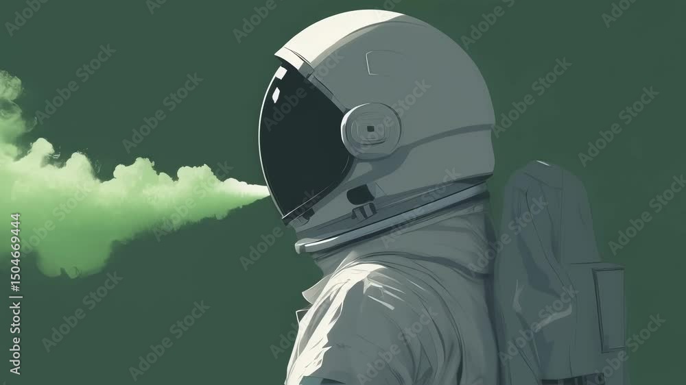 Poster astronaut wearing a spacesuit and helmet exhales a puff of green smoke. possibly due to a malfunctio