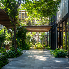 Lush Green Garden Oasis Pathway Leading to Buildings