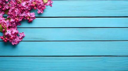 Fototapeta premium Pink Lilac Flowers on Blue Wooden Background