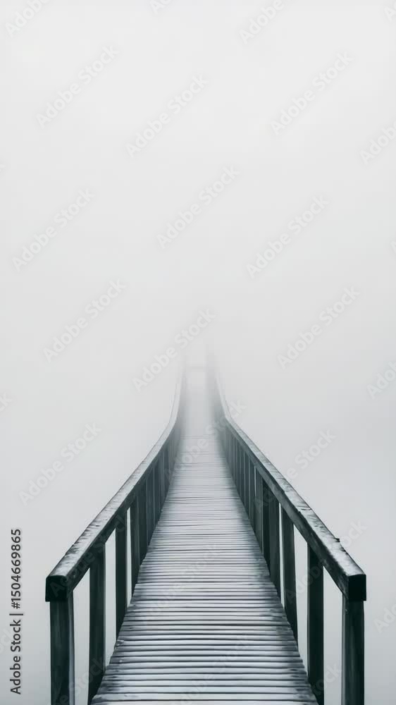 Poster Dense fog progressively obscures a wooden pier over calm water, creating a mysterious and uncertain atmosphere, symbolizing the difficulty of choosing among multiple options