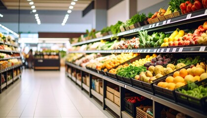 Primer Plano de la Sección de Frutas y Verduras en el Supermercado