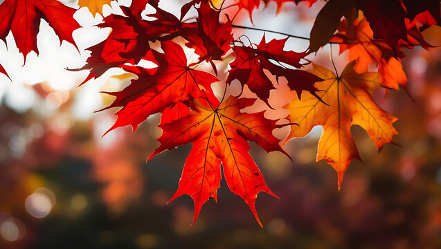 Red maple leaves blowing in autumn breeze with vibrant fall colors - Powered by Adobe