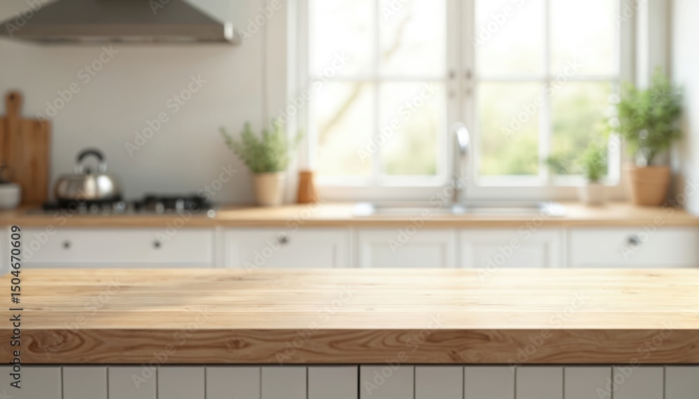 Poster empty wood table top counter and blur bokeh modern kitchen interior background in bright. ready whit