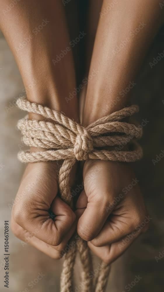 Poster Hands tied with rope symbolize the frustrating feeling of fobo, the fear of better options, leading to job insecurity and difficult decision making