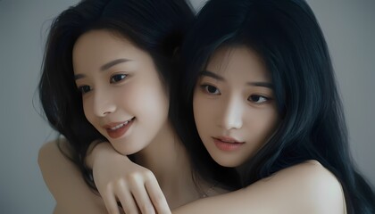 Two Young Women Embracing with Soft Expressions Indoors