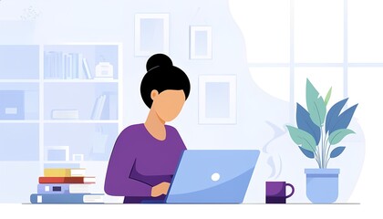 Flat Illustration of Woman Working on Laptop in Home Office