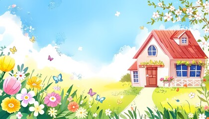 Cozy Country House Surrounded by Blooming Spring Flowers