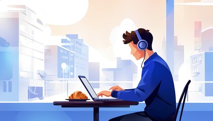 Man Working on Laptop with Headphones in Modern City Café