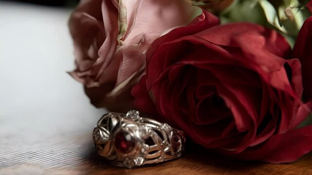 Silver filigree ring with a ruby gemstone displayed with pink and red rose blossoms on a dark wooden surface