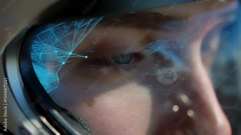 Poster close up revealing astronaut's eyes behind helmet visor with futuristic holographic heads up display
