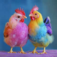Fototapeta premium Two Cute Chickens With Pink and Rainbow Feathers