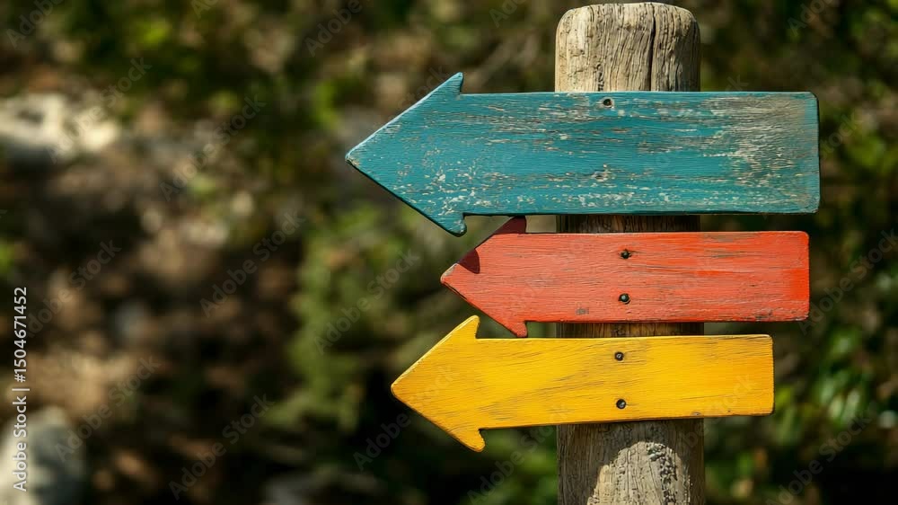 Poster Colorful wooden arrows pointing in different directions on a signpost represent choices, decision making, and navigating various paths in life's journey