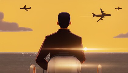Man Watching Planes at Sunset – Dreamy Wanderlust Travel Concept