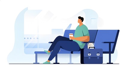 Traveler Sitting with Coffee and Luggage at Airport – Relaxed Transit Scene