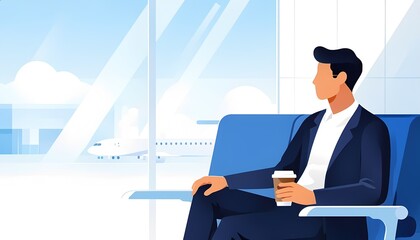 Businessman Waiting at Airport with Coffee – Modern Travel Concept
