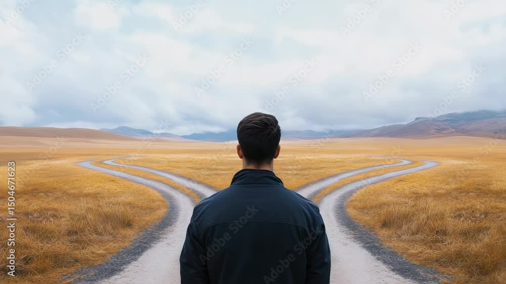 Poster Multiple views of a man contemplating two diverging paths in a vast field, symbolizing important life choices and the challenge of decision making