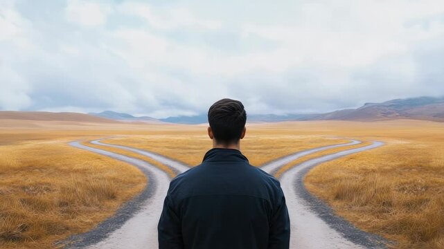Multiple views of a man contemplating two diverging paths in a vast field, symbolizing important life choices and the challenge of decision making