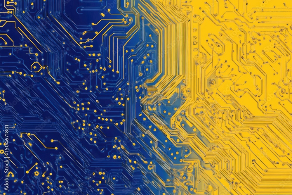 Poster close-up view of intricate circuit board, vibrant blue and yellow. complex pathways and connections 