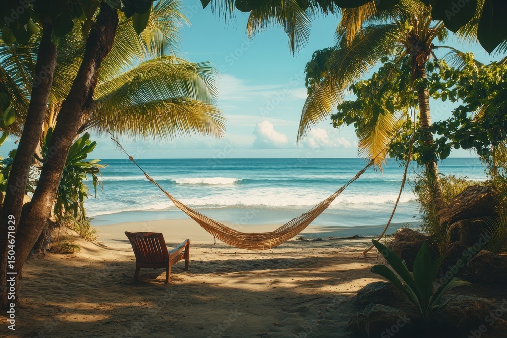 Poster Relaxation by the beach in a hammock surrounded by palm trees on a sunny day with gentle waves in the background