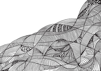 Abstract black doodle border on white background with tangled hand-drawn lines. Intricate sketch style with empty space in the upper left corner for text or design. Ideal for  posters, cards
