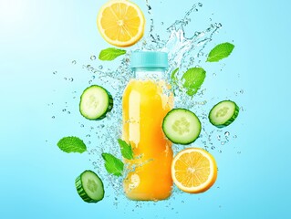 Refreshing Citrus Drink Splash with Lemon Cucumber Mint in Vibrant Blue Background