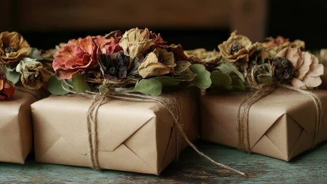 Three brown kraft paper bags adorned with dried flowers and foliage, each tied with twine. Perfect for gifting or home decor.