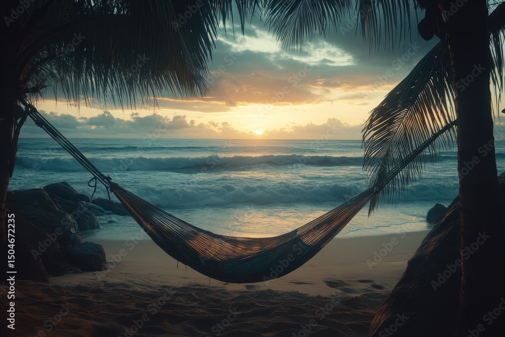 Poster Relaxation by the beach in a hammock surrounded by palm trees on a sunny day with gentle waves in the background