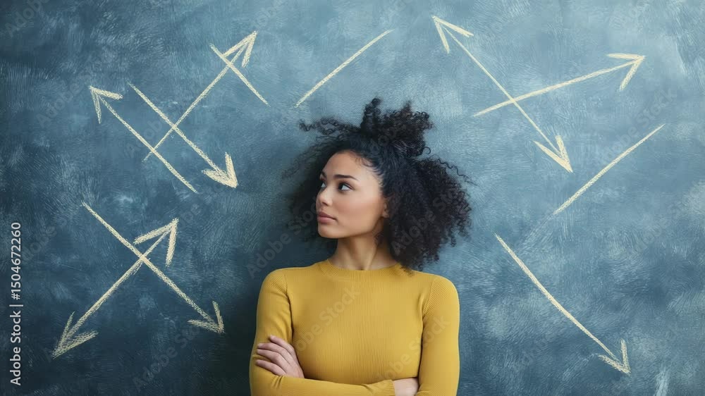 Poster multiple views of a young woman looking in different directions, with several arrows drawn on a wall