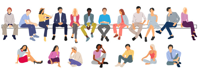 Group of men and a women sitting on a bench, different colors, cartoon character, silhouettes of business people, students, the design concept of flat icon, isolated on white background