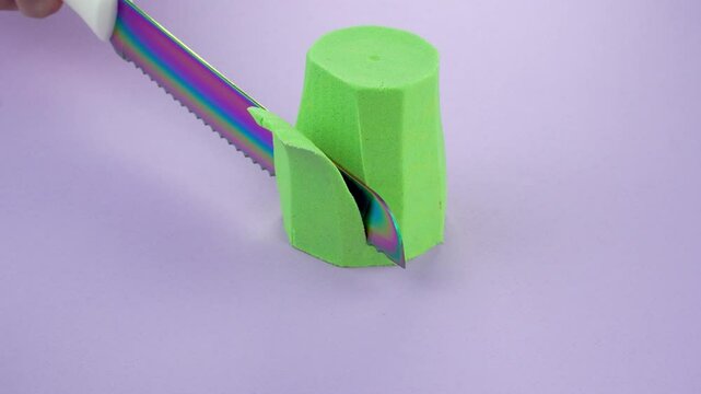 Very Satisfying and Relaxing Kinetic Sand ASMR video. Cutting anti stress macro close up colorful Kinetic Sand with a Knife. ASMR sounds.