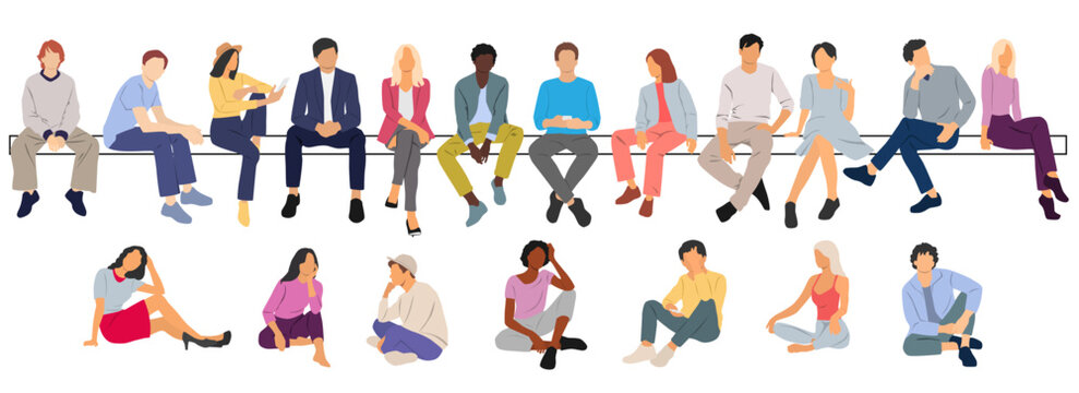 Group of men and a women sitting on a bench, different colors, cartoon character, silhouettes of business people, students, the design concept of flat icon, isolated on white background
